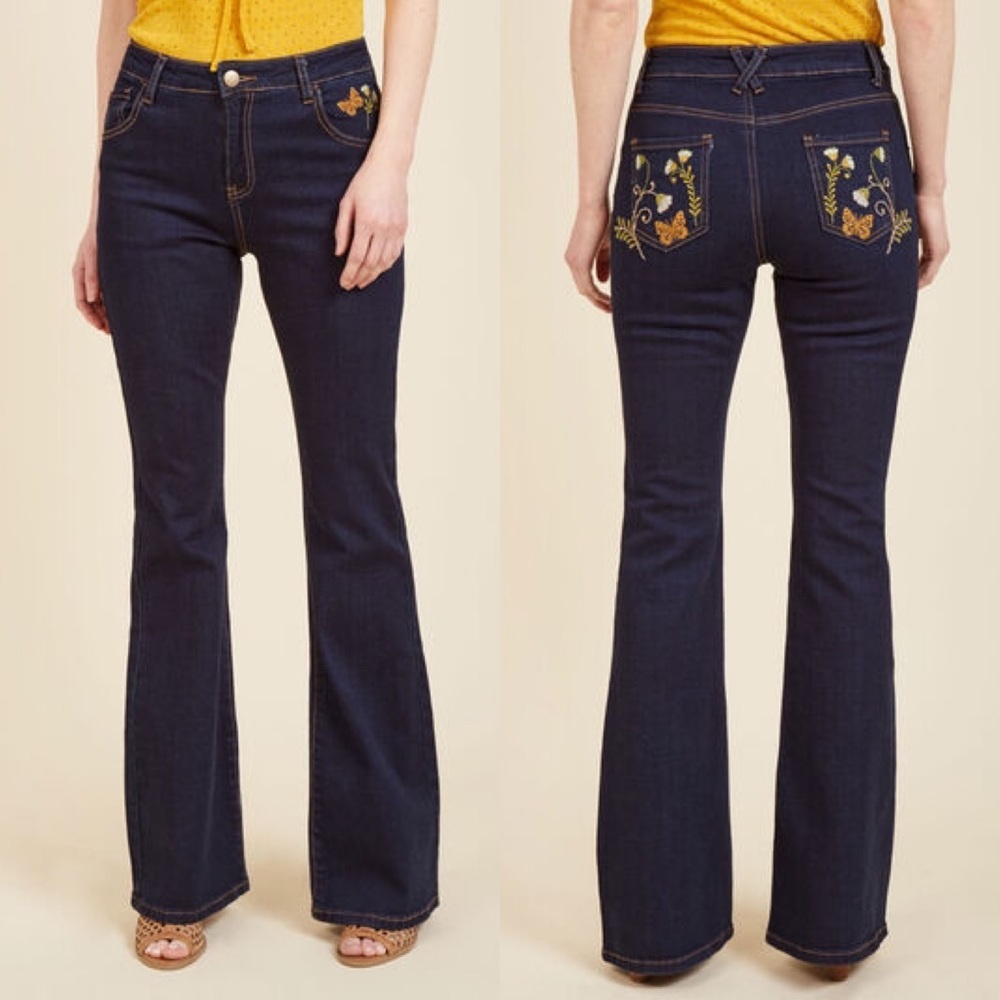 ModCloth Dark Indigo Flare Jeans with Yellow Embroidered Butterflies